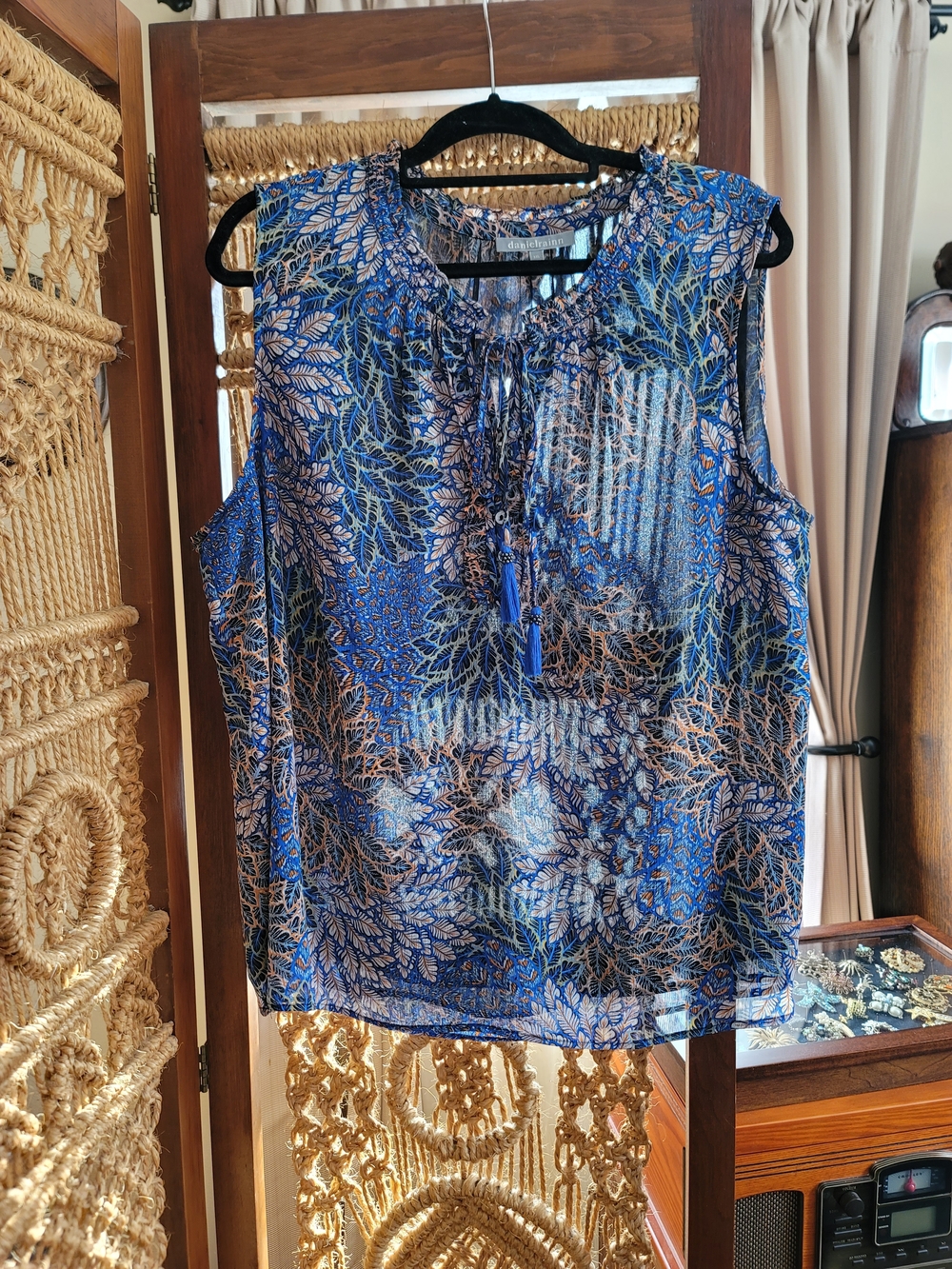 Daniel Rainn Blue and Tan Floral Sheer Sleeveless Top